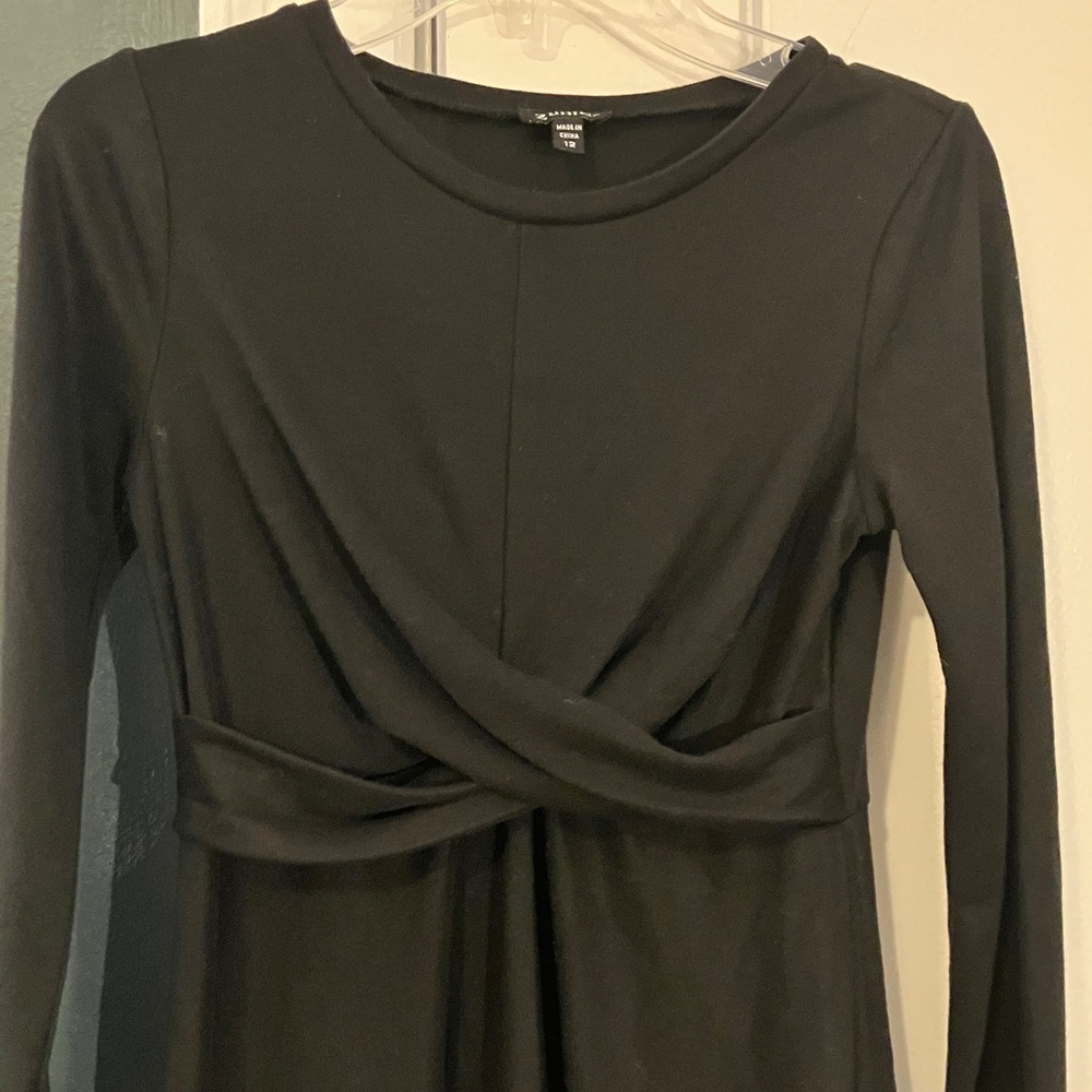 Girls Youth SZ 12 Black Twist-Front Dress, Knit Long-Sleeve A-Line by Zunie